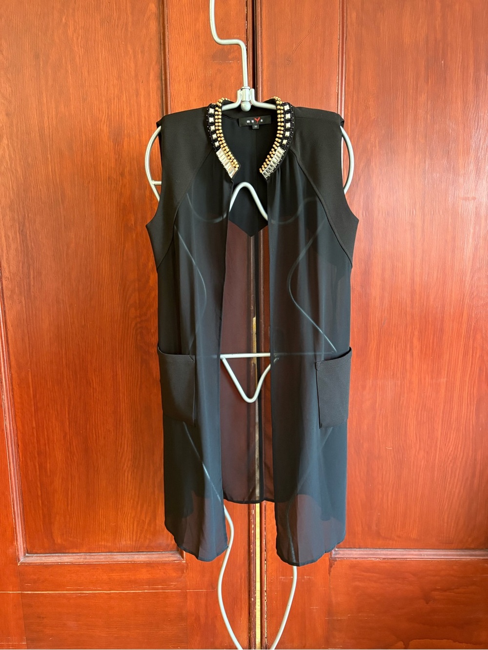MUYA Black Silk Boho Crystal & Wood Bead Embellished Vest
